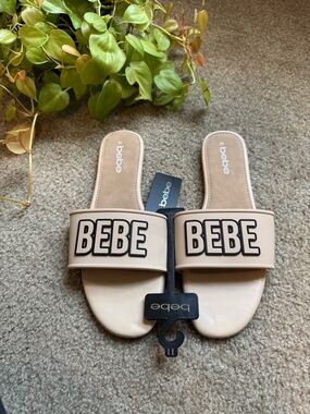 bebe Nude/Tan Slide Sandals with Bold BEBE Logo